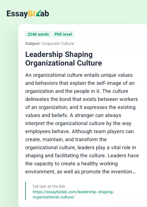 Leadership Shaping Organizational Culture - Essay Preview