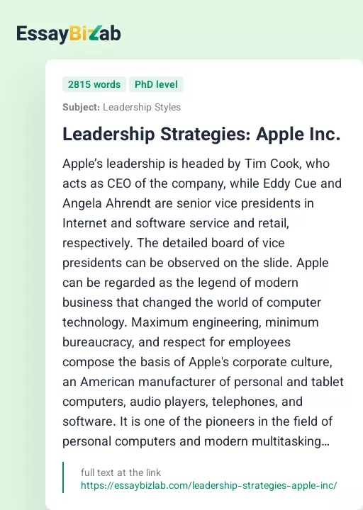 Leadership Strategies: Apple Inc. - Essay Preview