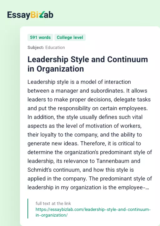 Leadership Style and Continuum in Organization - Essay Preview