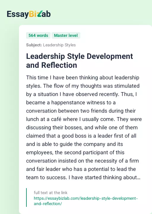 Leadership Style Development and Reflection - Essay Preview
