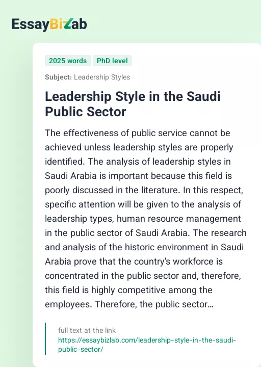 Leadership Style in the Saudi Public Sector - Essay Preview