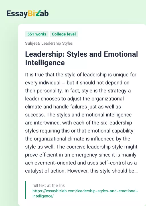 Leadership: Styles and Emotional Intelligence - Essay Preview