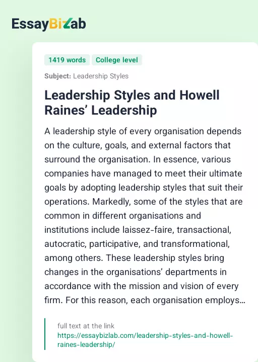 Leadership Styles and Howell Raines’ Leadership - Essay Preview