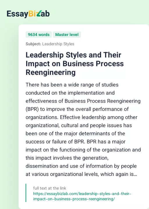 Leadership Styles and Their Impact on Business Process Reengineering - Essay Preview