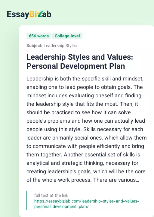 Leadership Styles and Values: Personal Development Plan - Essay Preview