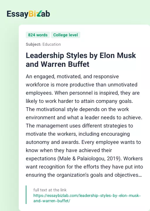 Leadership Styles by Elon Musk and Warren Buffet - Essay Preview
