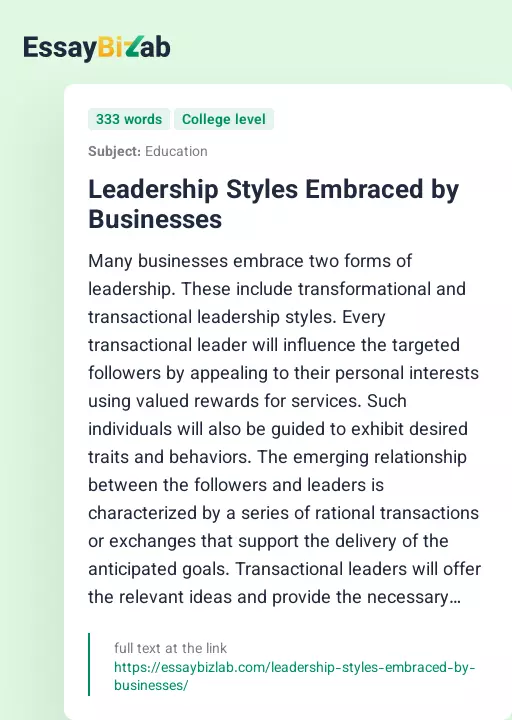 Leadership Styles Embraced by Businesses - Essay Preview