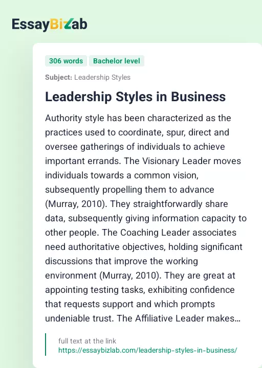 Leadership Styles in Business - Essay Preview