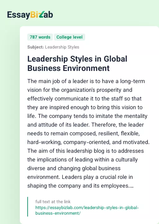 Leadership Styles in Global Business Environment - Essay Preview