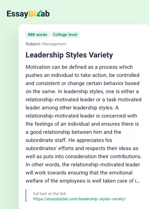 Leadership Styles Variety - Essay Preview