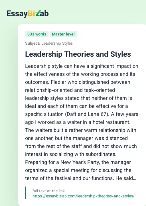 Leadership Theories and Styles - Essay Preview
