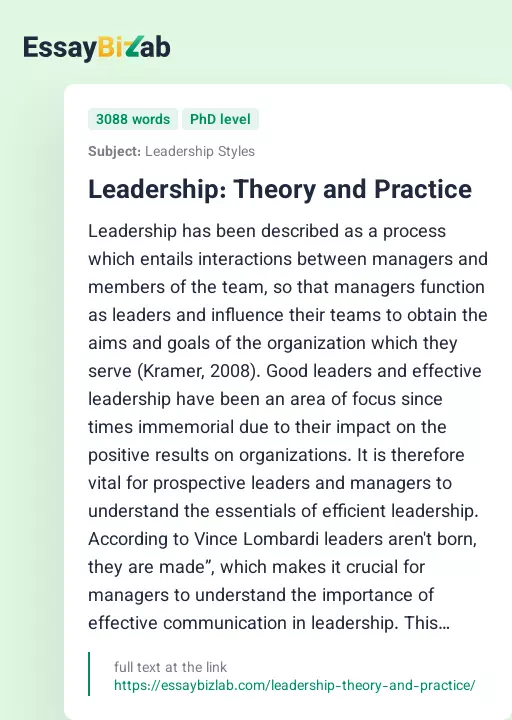 Leadership: Theory and Practice - Essay Preview
