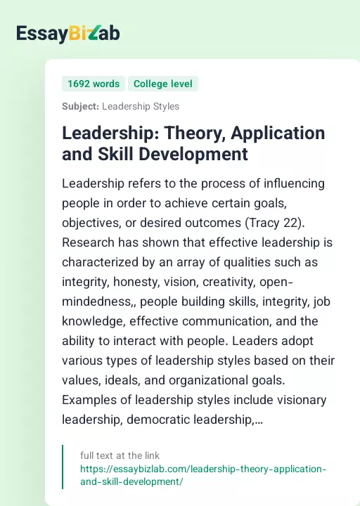 Leadership: Theory, Application and Skill Development - Essay Preview