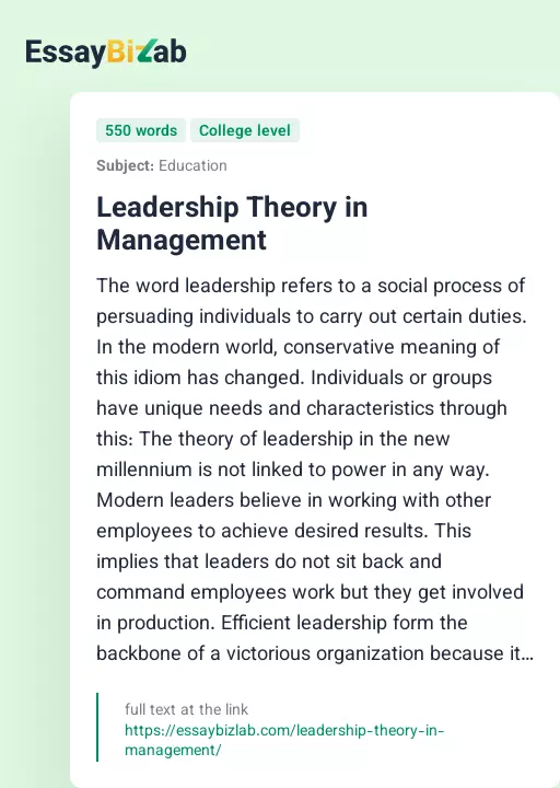 Leadership Theory in Management - Essay Preview
