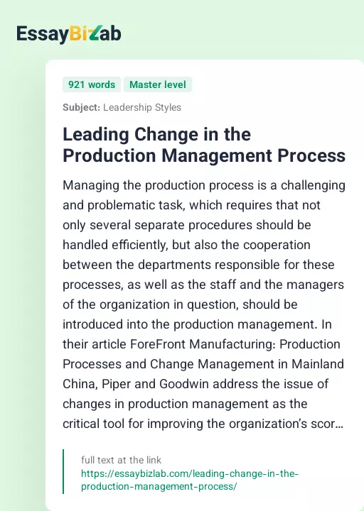 Leading Change in the Production Management Process - Essay Preview