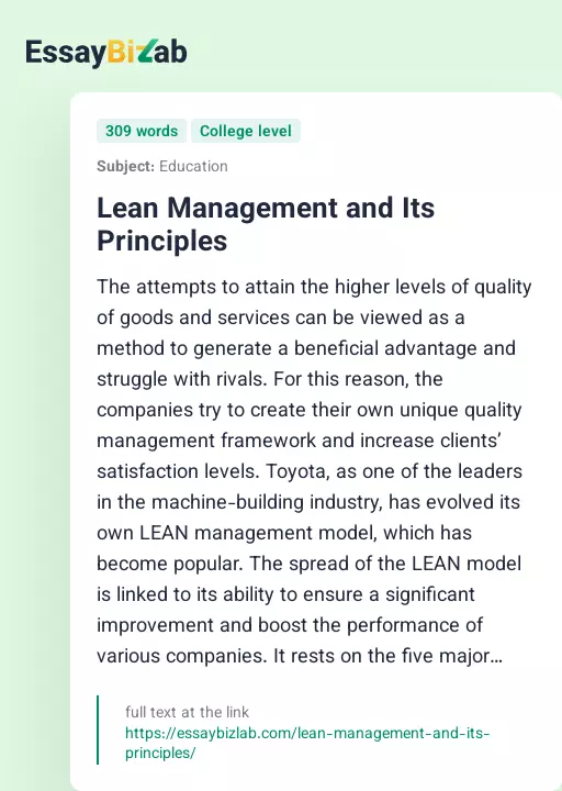 Lean Management and Its Principles - Essay Preview