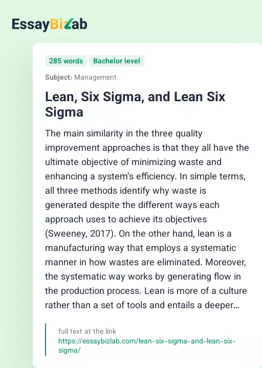 Lean, Six Sigma, and Lean Six Sigma - Essay Preview