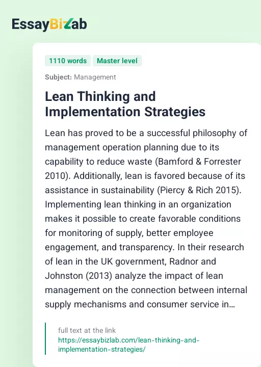 Lean Thinking and Implementation Strategies - Essay Preview