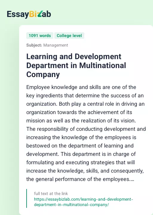 Learning and Development Department in Multinational Company - Essay Preview