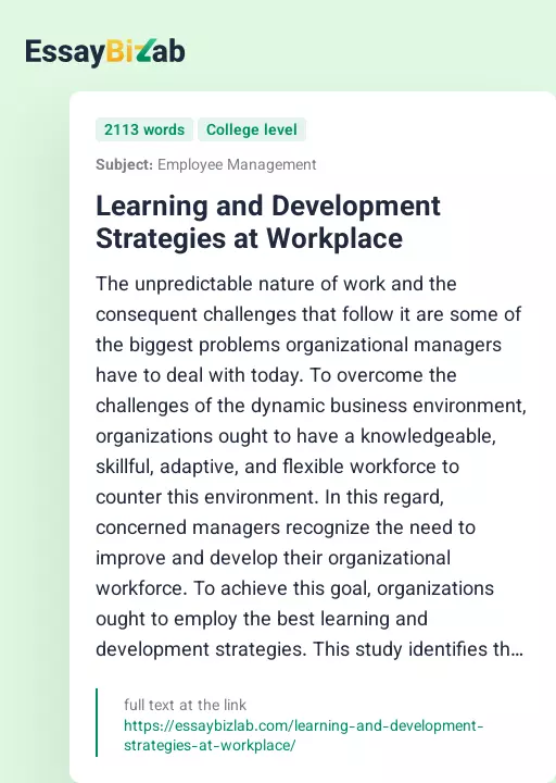 Learning and Development Strategies at Workplace - Essay Preview