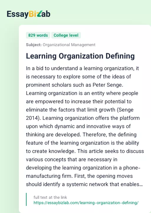 Learning Organization Defining - Essay Preview