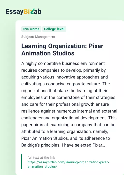 Learning Organization: Pixar Animation Studios - Essay Preview
