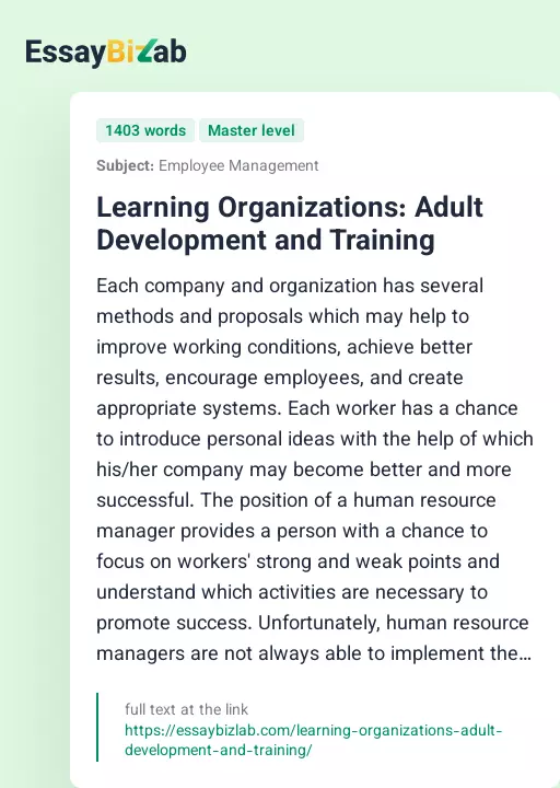 Learning Organizations: Adult Development and Training - Essay Preview