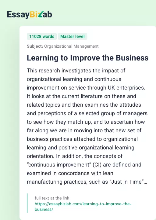 Learning to Improve the Business - Essay Preview