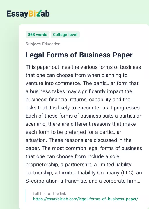 Legal Forms of Business Paper - Essay Preview