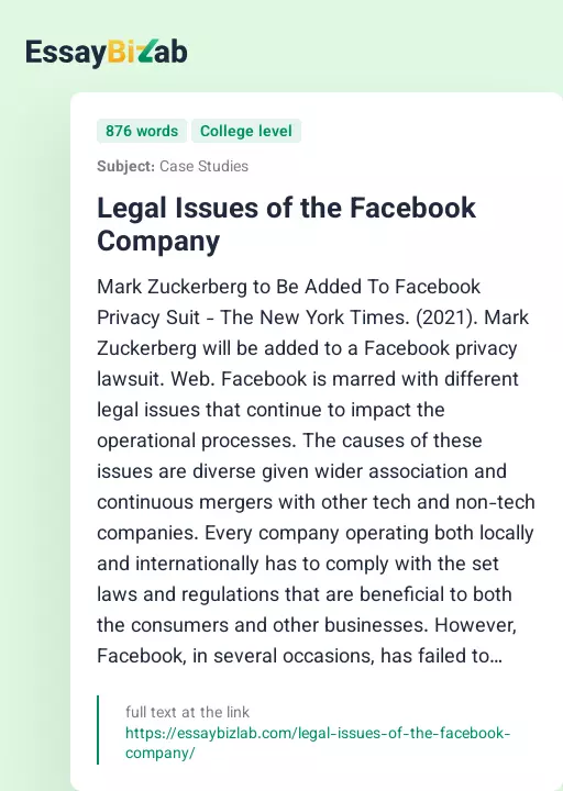 Legal Issues of the Facebook Company - Essay Preview