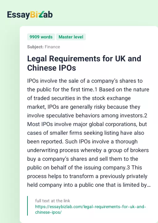 Legal Requirements for UK and Chinese IPOs - Essay Preview