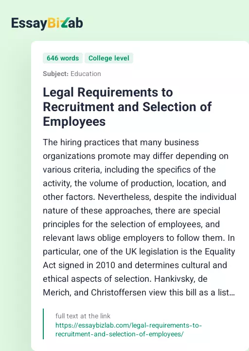 Legal Requirements to Recruitment and Selection of Employees - Essay Preview