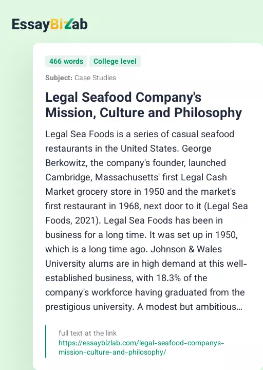 Legal Seafood Company's Mission, Culture and Philosophy - Essay Preview