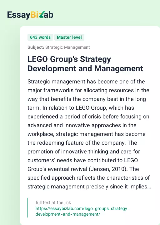 LEGO Group's Strategy Development and Management - Essay Preview