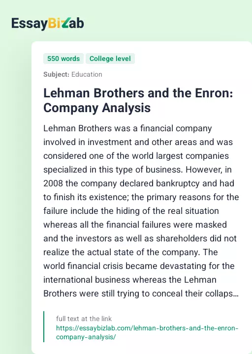 Lehman Brothers and the Enron: Company Analysis - Essay Preview