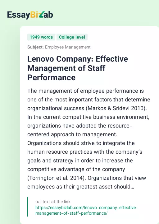 Lenovo Company: Effective Management of Staff Performance - Essay Preview