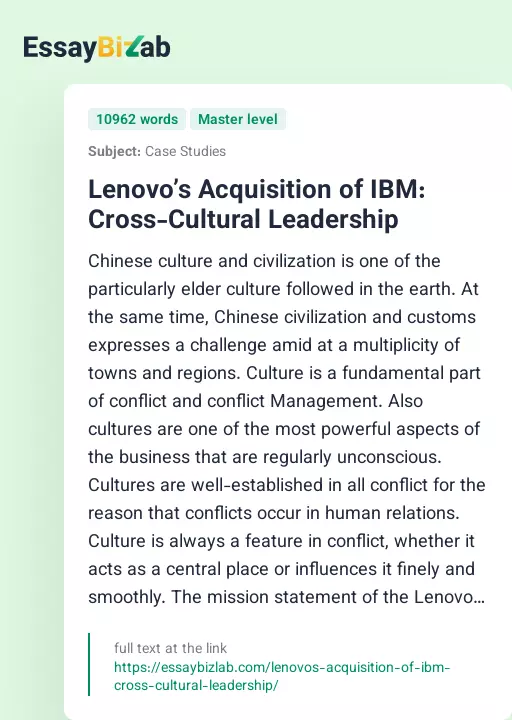 Lenovo’s Acquisition of IBM: Cross-Cultural Leadership - Essay Preview
