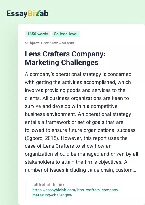 Lens Crafters Company: Marketing Challenges - Essay Preview