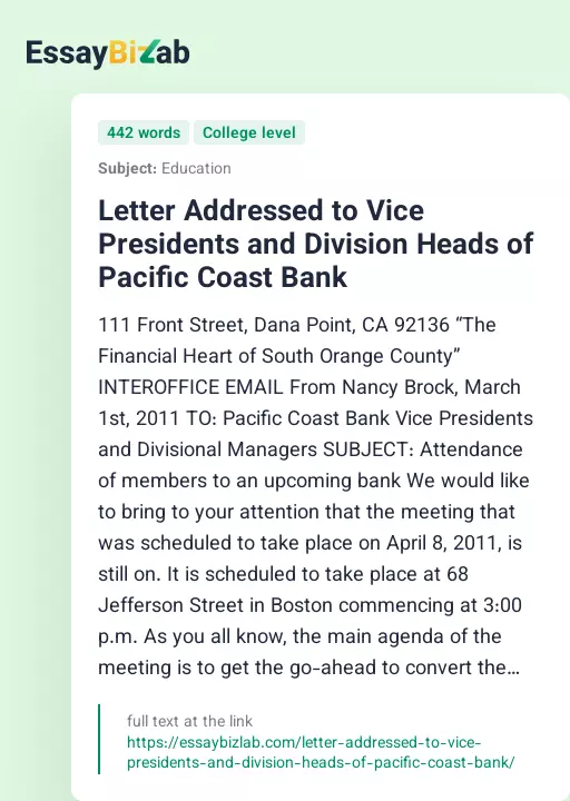 Letter Addressed to Vice Presidents and Division Heads of Pacific Coast Bank - Essay Preview