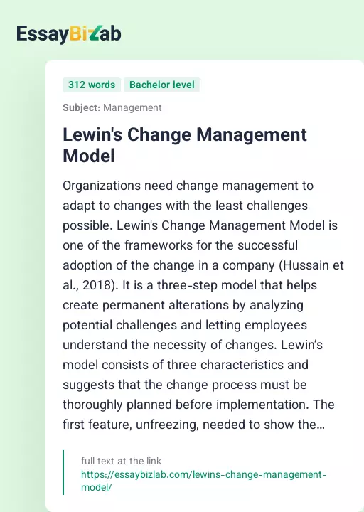 Lewin's Change Management Model - Essay Preview