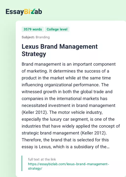 Lexus Brand Management Strategy - Essay Preview