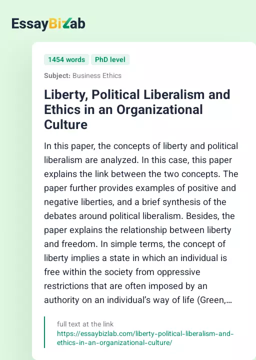 Liberty, Political Liberalism and Ethics in an Organizational Culture - Essay Preview
