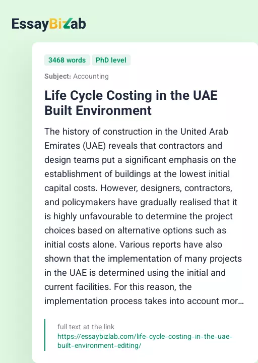 Life Cycle Costing in the UAE Built Environment - Essay Preview
