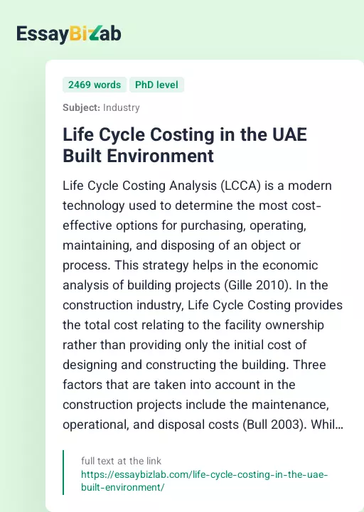 Life Cycle Costing in the UAE Built Environment - Essay Preview