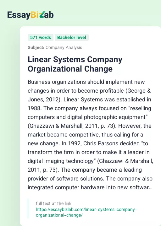 Linear Systems Company Organizational Change - Essay Preview