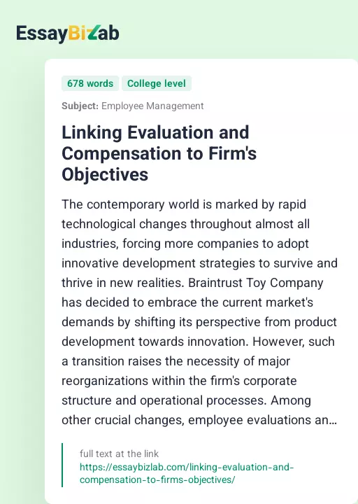 Linking Evaluation and Compensation to Firm's Objectives - Essay Preview