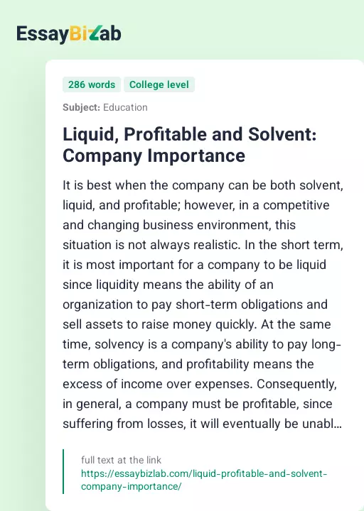 Liquid, Profitable and Solvent: Company Importance - Essay Preview