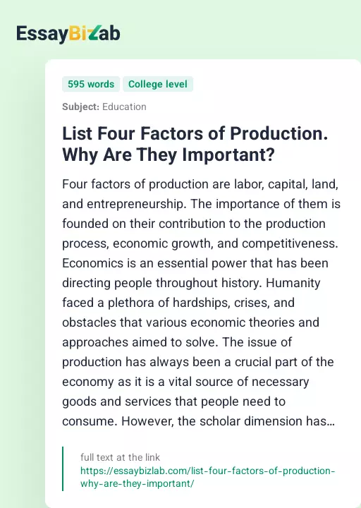 List Four Factors of Production. Why Are They Important? - Essay Preview