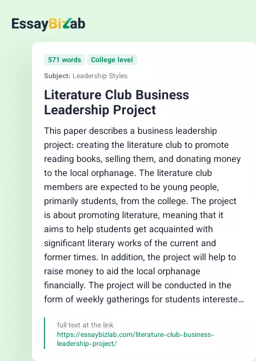 Literature Club Business Leadership Project - Essay Preview