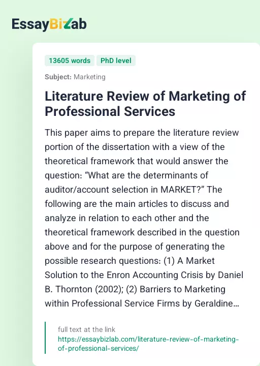 Literature Review of Marketing of Professional Services - Essay Preview